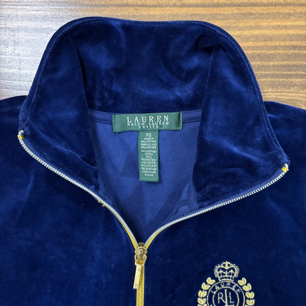 LAUREN RALPH LAUREN Women PS Navy Velour Gold Zip Embroidered Crest Jacket - Picture 6 of 10